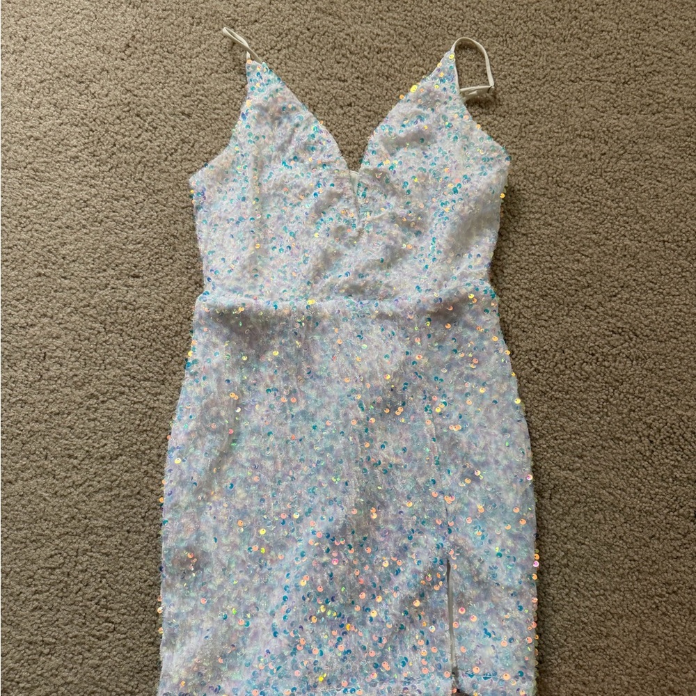White Sequin V-Neck Spaghetti Strap Dress